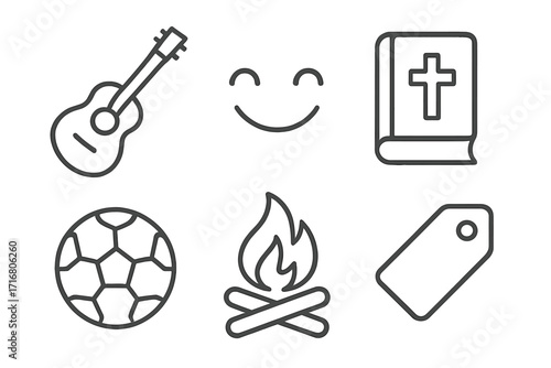 Line art icon set of hobbies and faith. Christian camp concept with guitar music, bible study, soccer sport, and campfire. Includes happy smile and price tag label icon.