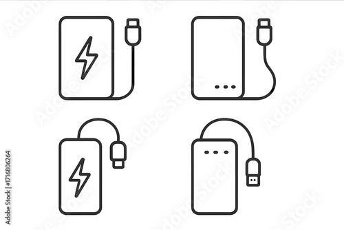 Power bank linear icons set. Portable charger, external battery pack with USB cable. Mobile phone charging concept. Minimalist outline vector symbols for web, UI, UX design.