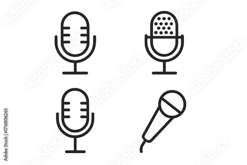 Microphone icon set vector. Minimalist linear mic icons for audio and podcasting design. Sound recording and broadcast symbol collection. Studio voice interview pictogram.