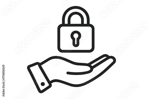 Padlock on hand line icon. Concept of security, safety, and data protection. Privacy and access control. Metaphor for trust, reliability, and confidential information.