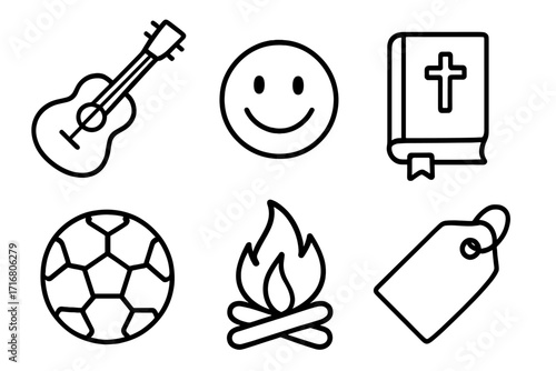 Line art icon set of hobbies, lifestyle, and faith. Simple vector outline collection includes acoustic guitar, happy smile, holy bible, soccer ball, campfire, and blank price tag