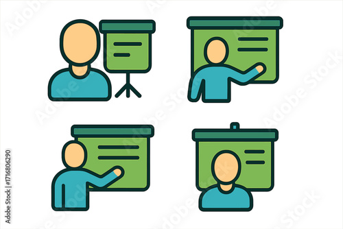 Presentation icon set. Business training, seminar, and workshop concept. Speaker at a conference or meeting. Teacher with a whiteboard. Linear filled outline icons.