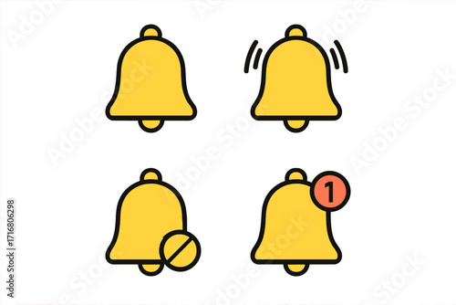 Notification bell icon set. Ringing, silent, new message alert symbols. Subscribe button for web and app interface. UI UX graphic element. Flat vector illustration.