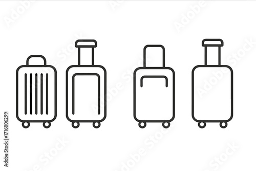 Luggage icon set vector. Minimalist travel suitcase outline symbols. Baggage line art collection for vacation, tourism, and transport concepts. Simple baggage pictogram pack.