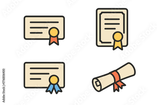 Diploma and certificate vector icon set. Minimalistic linear pictogram collection of graduation degree, award, and achievement. Scroll with seal for business success.