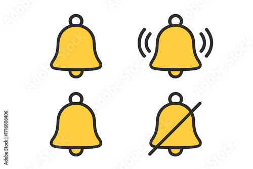 Notification bell icon set. Ringing, silent, and active alert symbols. Subscribe button for social media and apps. UI UX element for web design. Vector flat cartoon collection.