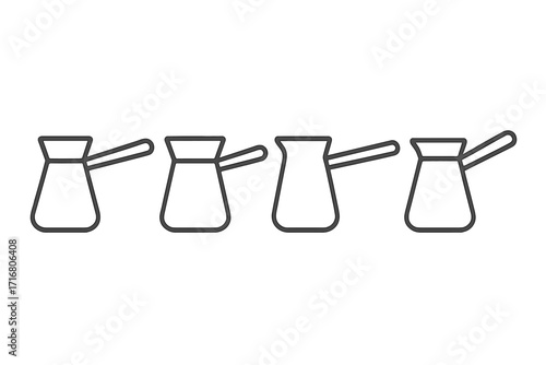 Minimalist outline Turkish coffee pot icons set. Vector cartoon illustration of a cezve. Traditional Arabic hot drink brewing concept. Ibrik coffee maker symbol collection.