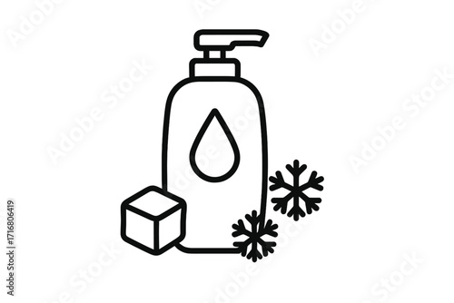 Cooling gel dispenser icon. Vector line art pictogram. Refreshing cosmetic bottle with ice cube and snowflakes for winter skincare. Soap, lotion, or shampoo with menthol.