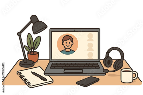 Virtual meeting at home office desk. Remote work concept with laptop for video conference. Online communication, webinar, or e-learning workspace. Vector cartoon illustration.