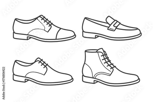 Vector collection of classic men's dress shoes. Outline icon set of formal footwear. Includes oxford, derby, loafer and boot. Minimalist line art for business fashion.