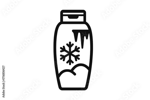 Winter hair care line icon. Shampoo, conditioner bottle with snowflake, ice, snow. Minimalist vector cosmetic product. Cooling effect, fresh menthol, body wash concept. Hygiene symbol.