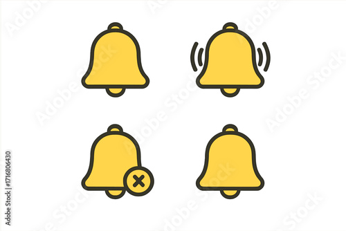 Notification bell icon set. Ringing, silent, and unsubscribe alert symbols for web UI/UX and app interface. Yellow linear pictogram for subscribe button, new message reminder.
