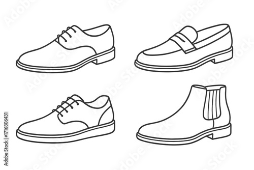 Men's shoes outline icon set. Classic footwear collection. Male fashion. Vector line art illustration of formal derby, loafer, casual sneaker and chelsea boot. Minimalist style.