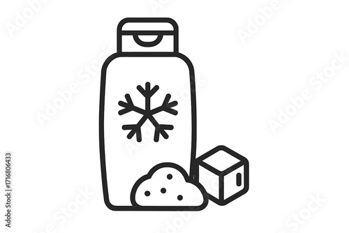 Winter hair care icon. Cooling conditioner or shampoo with snowflake. Frosty cosmetic product with ice. Freshness concept. Minimal vector line art for web and app design.