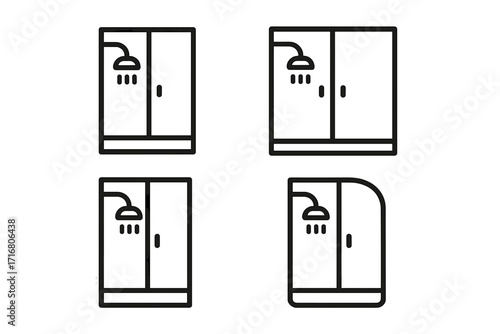 Shower cabin line icon set for modern bathroom design. Vector collection of minimalist shower stall pictograms. Simple outline symbols for plumbing, hygiene and home interior.