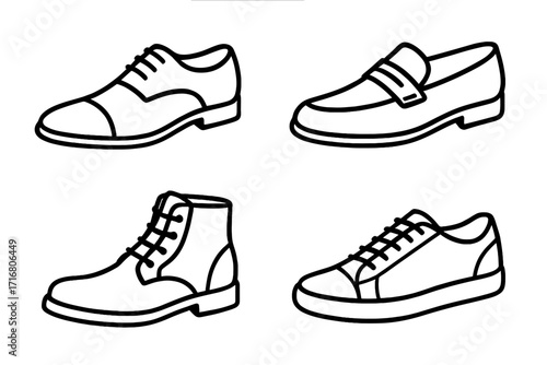 Men's shoes collection outline icon set. Vector illustration of classic footwear, boot, sneaker, loafer, and dress shoe. Minimalist line art for fashion or retail design.