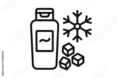 Cooling hair conditioner with ice effect. Shampoo bottle with snowflake. Menthol fresh cosmetic icon. Cold therapy for hair. Winter hair care product vector line art.