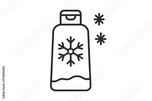Winter hair care line icon. Conditioner or shampoo bottle with snowflake symbol. Cooling cosmetic product concept for cold season. Fresh menthol beauty treatment vector.