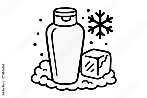 Cooling shampoo icon with menthol effect. Refreshing hair care product with ice cube and snow. Winter conditioner concept. Line art vector illustration for web and graphic design.