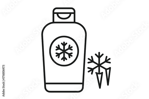 Cooling conditioner or shampoo icon. Winter hair care product. Menthol, ice effect for freshness. Cold snowflake symbol. Bottle for cosmetic, hygiene, beauty. Outline vector.