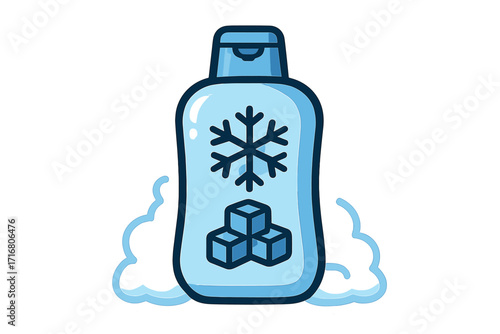 Cooling shampoo or conditioner icon. Winter hair care product with ice and snow. Cold shower gel bottle illustration. Refreshing menthol cosmetic vector symbol for design.