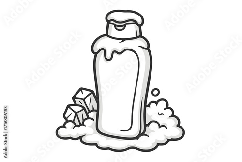 Vector line icon of a conditioner bottle with ice cubes and lather. Cooling effect for shampoo or shower gel. Menthol fresh concept. Hygiene and beauty care product.