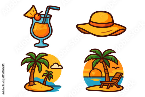 Summer beach vacation icon set. Tropical island cocktail, sun hat, palm tree, and sunset ocean scene. Travel holiday journey concept. Cartoon vector graphic collection.