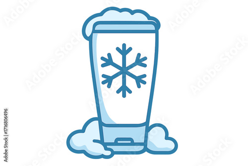 Winter hair care conditioner icon. Cooling shampoo tube with snowflake. Frozen cosmetic product in snow. Vector outline illustration for beauty ads and web design concepts.