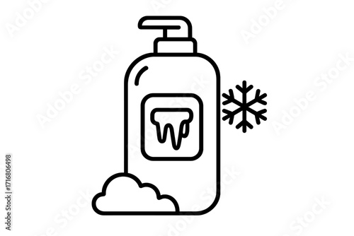 Winter hair care icon. Conditioner or shampoo pump dispenser bottle. Cold fresh cosmetic concept with snowflake and ice. Outline liquid soap symbol for graphic web design.