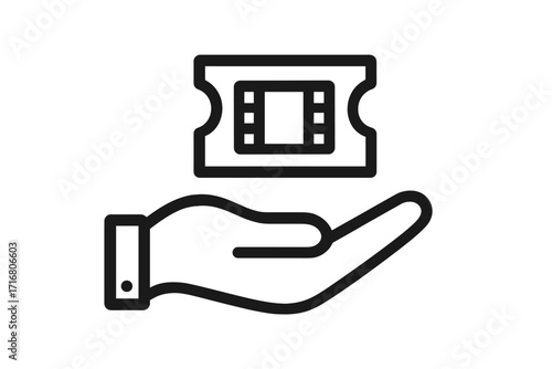 Hand holding movie ticket icon. Cinema admission pass concept. Film festival and entertainment symbol. Buying tickets for a show. Vector line art graphic for web and apps.