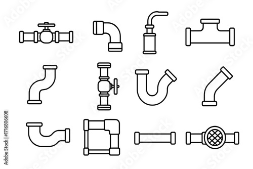 Plumbing line icon set. Collection of pipe and pipeline parts for water supply systems. Vector symbols for construction, drainage, and engineering. Includes valve, tube, fitting icons.