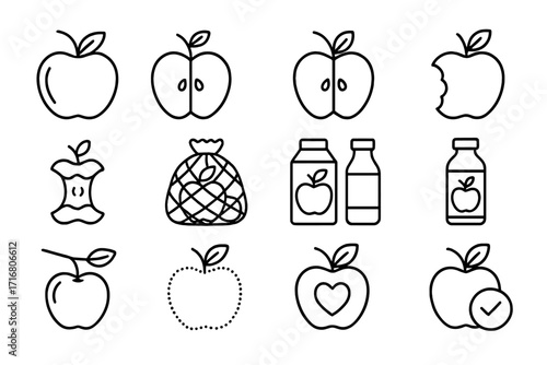 Apple icon collection, thin line vector symbols set. Healthy fruit, food signs. Editable stroke. Whole, half, core, bitten apple, juice, bottle, bag. For web, apps.