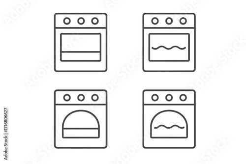 Oven and stove icon set in a minimalist linear style. Vector illustration for kitchen appliance symbols, cooking graphics, UI design elements, and culinary web icons. Outline collection.