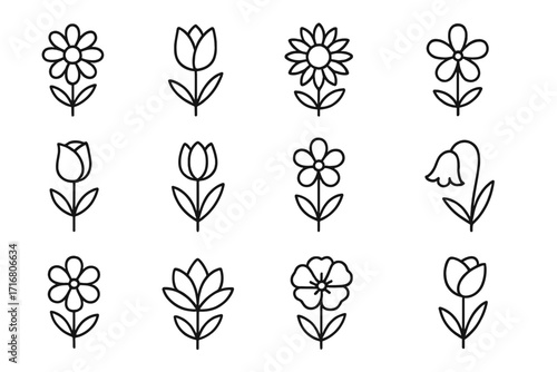 Flower icon set simple line art. Floral outline collection for web and apps. Editable stroke vector illustration. Minimalist spring garden blossoms, tulips, daisies symbol.