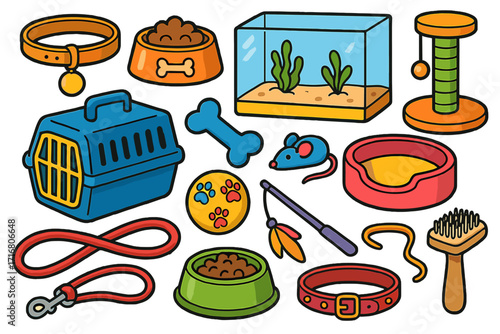 Pet shop accessories collection. Vector cartoon illustration set for dogs, cats, and fish. Includes food bowl, collar, leash, carrier, toys, and aquarium. Isolated items.