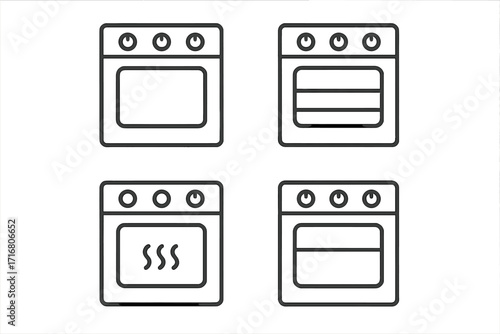 Kitchen oven and stove line icon set. Vector symbols for cooking, baking, preheating, and household appliances. Simple, minimalist outline design for culinary graphics.