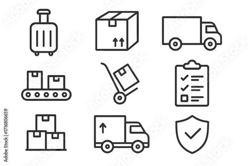 Shipping and delivery vector icon set. Logistics, parcel transport, and cargo service symbols. Line icons for UI UX design including truck, box, luggage, conveyor and security.