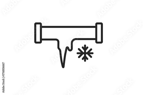 Frozen pipe icon. Winter plumbing problem concept. Water pipe with icicle and snowflake. Cold weather, freezing temperature. Burst pipe risk, heating system failure vector.