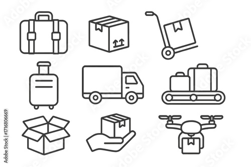 Logistics and delivery icon set. Shipping service. Transportation concept. Package and freight. Baggage and luggage. Parcel and box. Truck, drone delivery. E-commerce symbols.