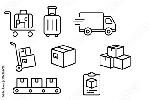 Logistics and shipping icon set. Delivery service, transportation, and cargo symbols. Baggage, parcel, and package icons for e-commerce, web, and apps. Vector outline.