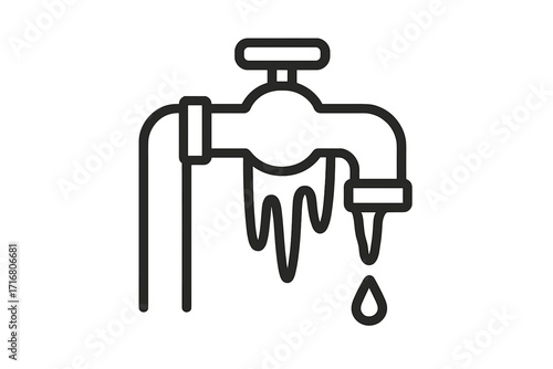 Frozen pipe plumbing problem icon. Winter cold weather damage concept. Faucet with icicles and dripping water. Minimal line art vector for leak repair service.
