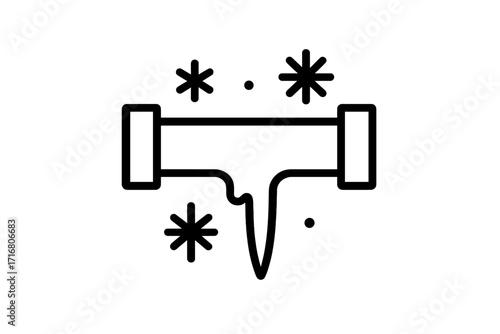 Frozen pipe vector line icon. Winter plumbing problem concept. Cold weather water pipe with ice and snowflakes. Burst pipeline, heating system damage, and repair symbol.