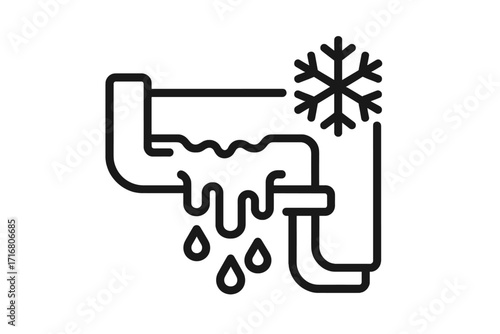 Frozen pipe leaking water vector icon. Winter plumbing emergency with burst pipe. Cold weather house damage symbol. Ice, snowflake and water drops outline illustration.