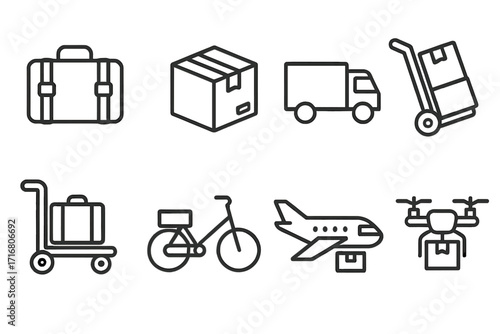 Logistics and delivery service icon set. Parcel and baggage transportation linear icons. Shipping methods like truck, airplane, drone and bicycle. Freight and cargo concept.