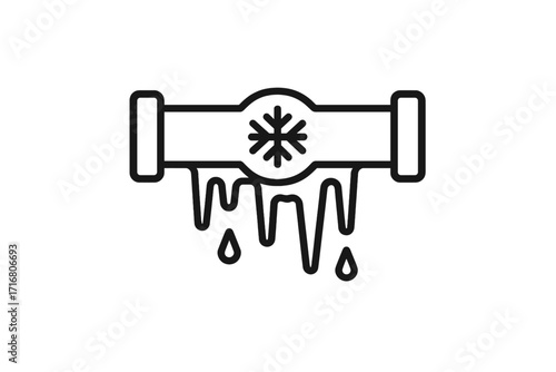 Frozen pipe icon. Winter plumbing problem, burst water pipe with ice and leak. Cold weather damage, emergency repair symbol. House maintenance, pipeline freezing vector concept.