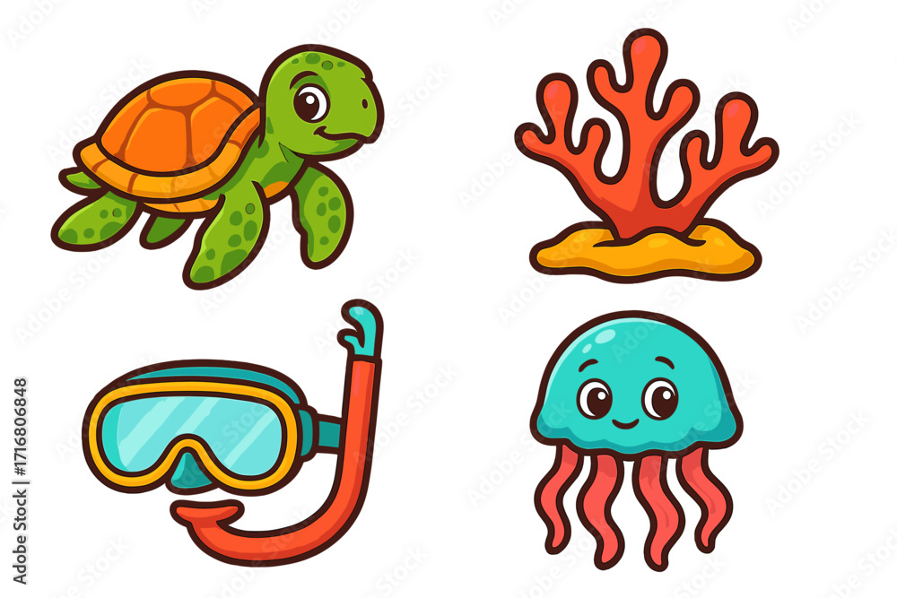 Naklejka premium Cute sea life icon set with turtle, jellyfish, coral, and snorkel mask. Cartoon vector illustration collection for kids, summer vacation, and underwater marine adventures.