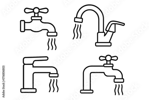 Set of linear faucet icons with flowing water. Vector outline illustration of taps for kitchen and bathroom. Plumbing and water saving concept. Simple cartoon pictogram collection.