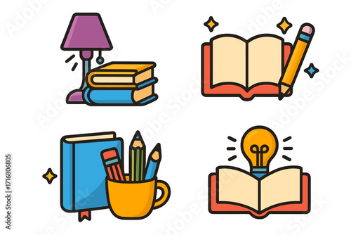 Education and learning vector icon set. Book, pencil, lightbulb idea, and study lamp icons. Metaphors for creativity, knowledge, literature, school, and writing.