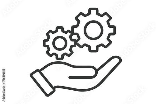 Hand with gears icon. Business solution, technology, innovation. Support and services concept. Engineering, development, management, process automation. Maintenance metaphor.