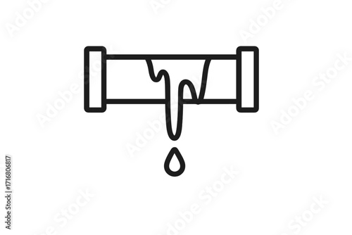Frozen pipe with leak icon. Burst pipeline with water drop symbol. Winter plumbing hazard, home repair, water damage concept. Broken tube outline vector illustration.
